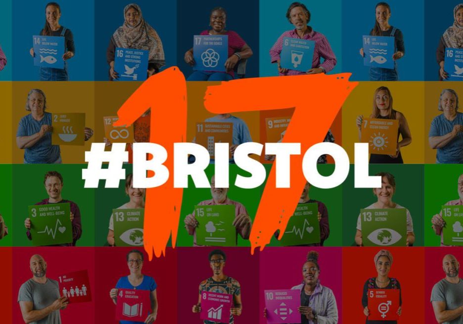 Bristol-17-Campaign-composite Graphic showing people holding up signs, each showing one of the 17 Global Sustainable Development Goals.